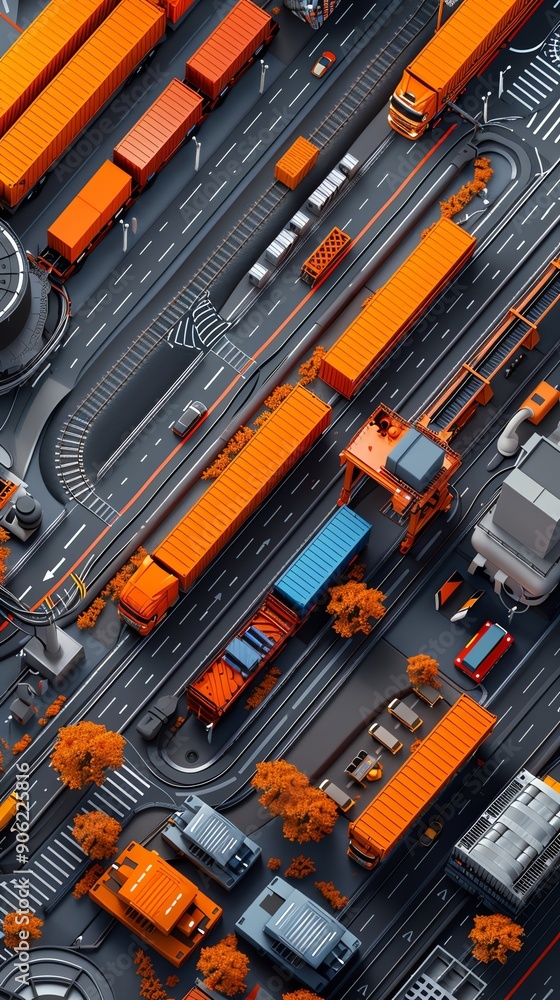 Poster aerial view of busy city with trucks and containers.