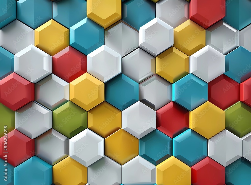 Poster 3d render of colorful and geometric pattern with simple hexagon shapes, red green grey blue gray whi