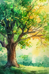 A painting of a tree with leaves on it. The leaves are orange and the tree is on a wooden background