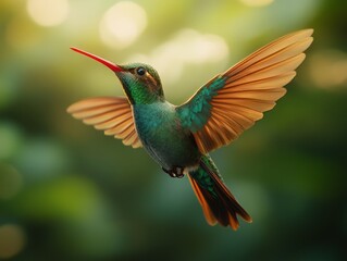 Fototapeta premium Graceful Hummingbird Captured in Mid-Air Stasis, Displaying Stunning Plumage