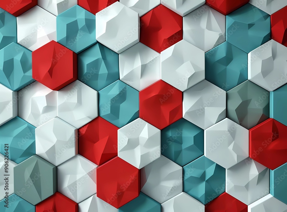 Poster 3d render of colorful and geometric pattern with simple hexagon shapes, red green grey blue gray whi