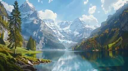 Serene Mountain Lake with Snow-Capped Peaks