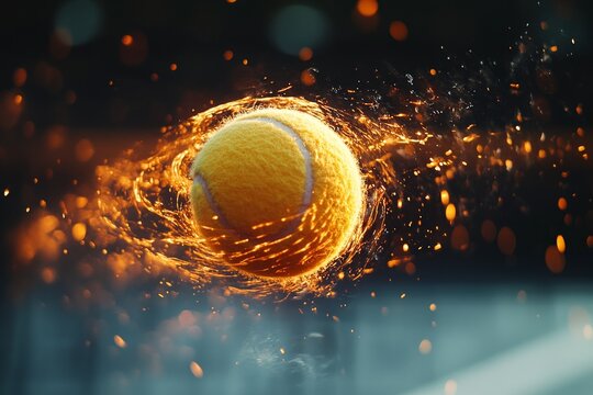 Precision Shot: Detailed Capture of Tennis Ball Striking Racket Strings in Motion