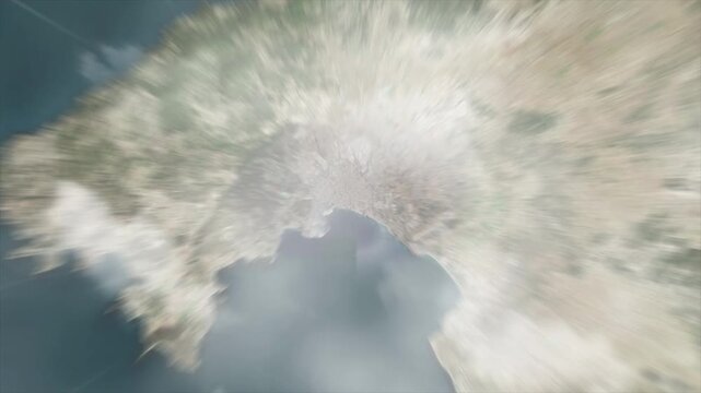 Earth zoom from space on Palma - Spain. And zoom out through clouds and atmosphere into space. Satellite view.