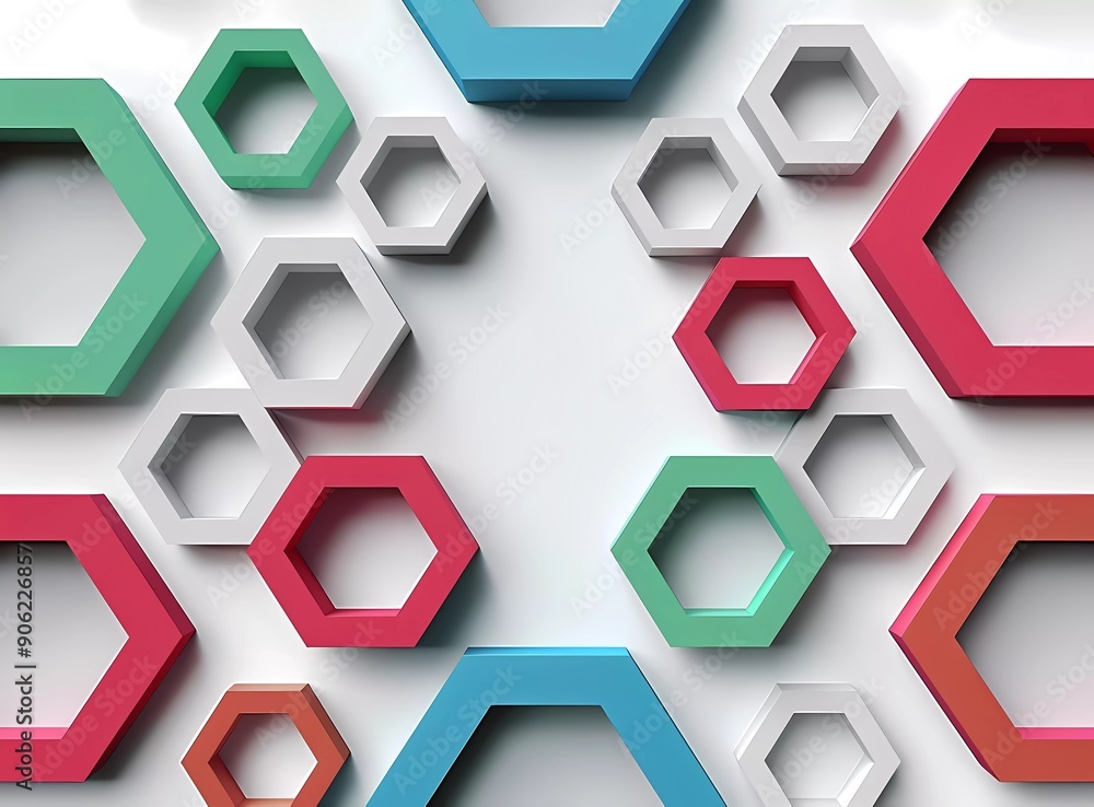 Wall mural 3d render of colorful geometric pattern, seamless background with white space in the center, grey an