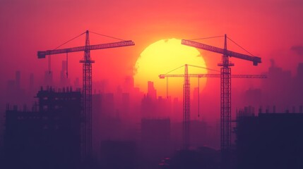 Fototapeta premium A city skyline with a large orange sun in the background