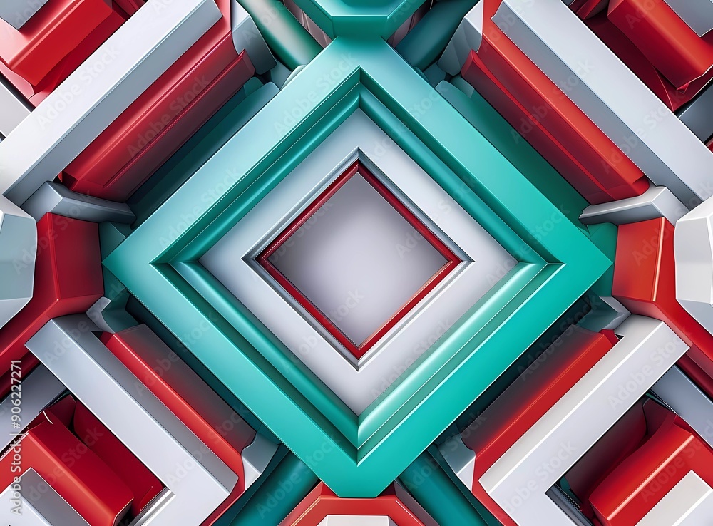 Poster 3d render of colorful geometric pattern, seamless background with white space in the center, grey an