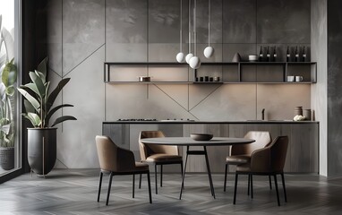 Modern Minimalist Kitchen with Dining Area and Geometric Wall Decor