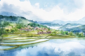 Obraz premium A serene landscape featuring lush rice terraces, misty mountains, and a tranquil village depicted in beautiful watercolor style.