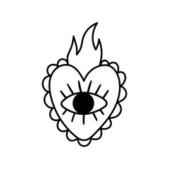 Mexican sacred heart in black outline style. Heart with eye and fire. Hand drawn illustration.