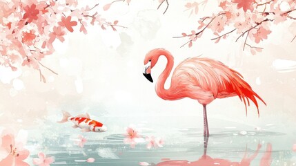 Naklejka premium A serene scene featuring a pink flamingo beside koi fish in tranquil water, framed by blooming cherry blossoms.