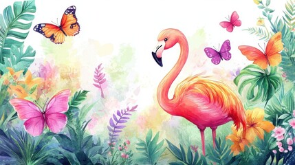 A vibrant flamingo surrounded by colorful butterflies and lush foliage, perfect for nature and wildlife themes.