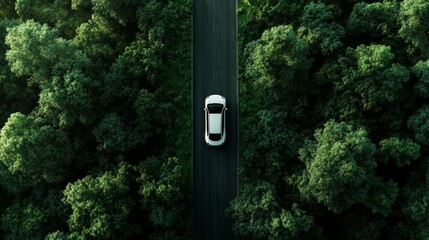 A white car is driving down a road surrounded by trees