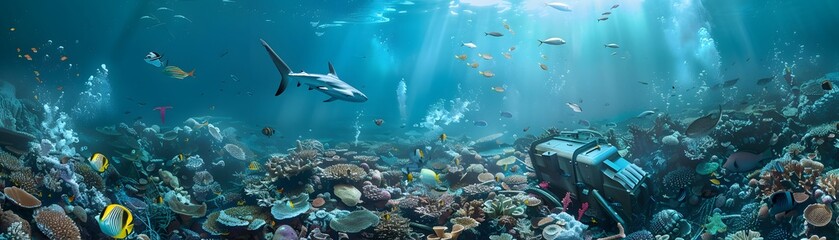 Obraz premium Vibrant underwater scene featuring diverse marine life, coral reefs, and a shark swimming in clear blue waters, illuminated by sunlight.