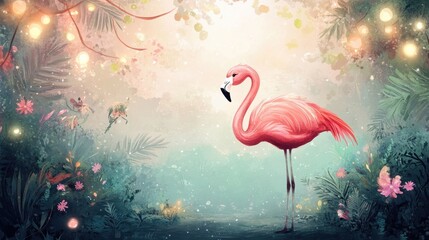 A vibrant pink flamingo stands gracefully in a dreamy, colorful forest setting filled with enchanting lights and lush plants.