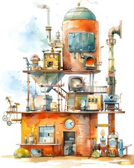 Fototapeta premium Whimsical steampunk-inspired illustrated factory with intricate machinery, vibrant colors, and imaginative architectural details.