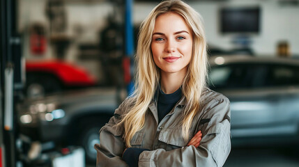 Fototapeta premium A photo of a female technician fixing a car at an auto repair shop giving a confident expression and a trustworthy feeling, Generative AI