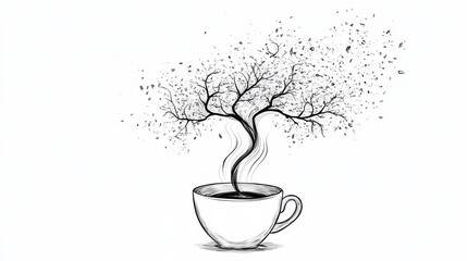 A creative illustration of a cup from which a tree emerges, symbolizing growth, transformation, and the essence of nature.
