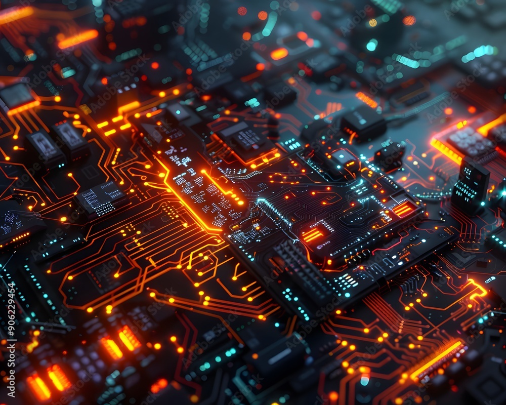 Poster close-up of a modern electronic circuit board with glowing lines and components, showcasing advanced