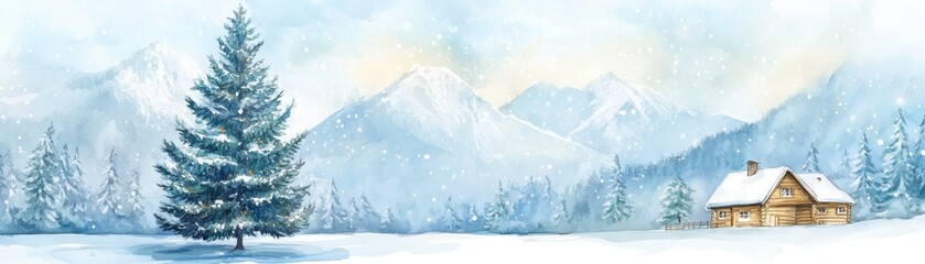 Fototapeta premium Serene winter landscape with snow-covered mountains, a cozy cabin, and a lush evergreen tree under a soft blue sky.