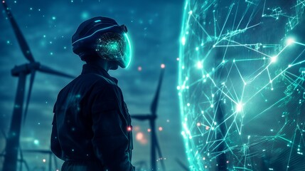 A man in a suit stands in front of a large sphere of blue lights