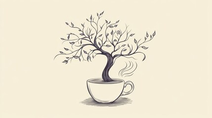 A whimsical illustration of a tree growing from a cup, symbolizing creativity and nature in harmony.
