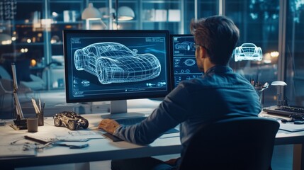A man is sitting at a desk with two computer monitors