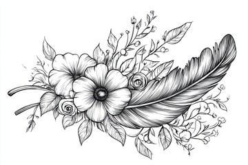 Beautiful black and white floral illustration featuring a delicate feather, perfect for nature-inspired designs.