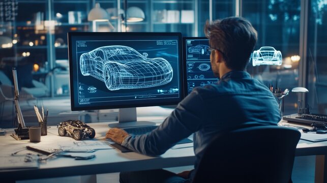 A man is sitting at a desk with two computer monitors