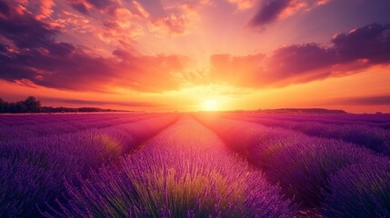 Obraz premium A field of lavender with a beautiful sunset in the background