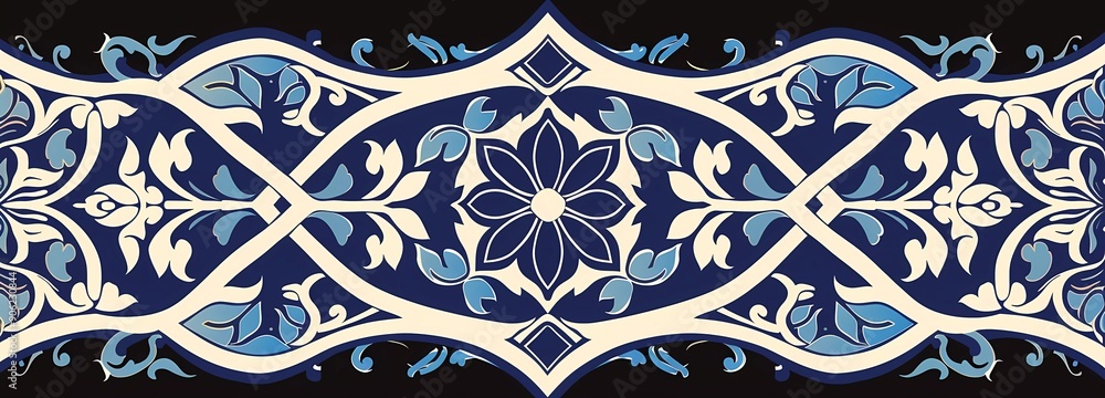 Poster a simple vector graphic design of an arabic style border decoration with a blue and white color sche