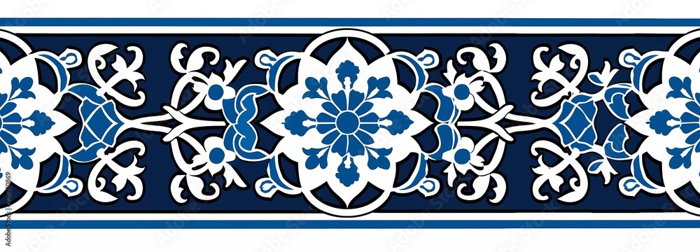 Poster a simple vector graphic design of an arabic style border decoration with a blue and white color sche