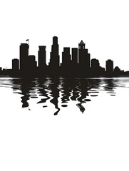 Fototapeta premium Silhouette of an urban skyline with diverse buildings reflected in rippling water, against a stark white background. Cityscape Silhouette with Reflective Water: Urban Skyline Reflections