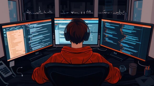 A Gen Z coder programming in a minimalist workspace with code visible on multiple screens
