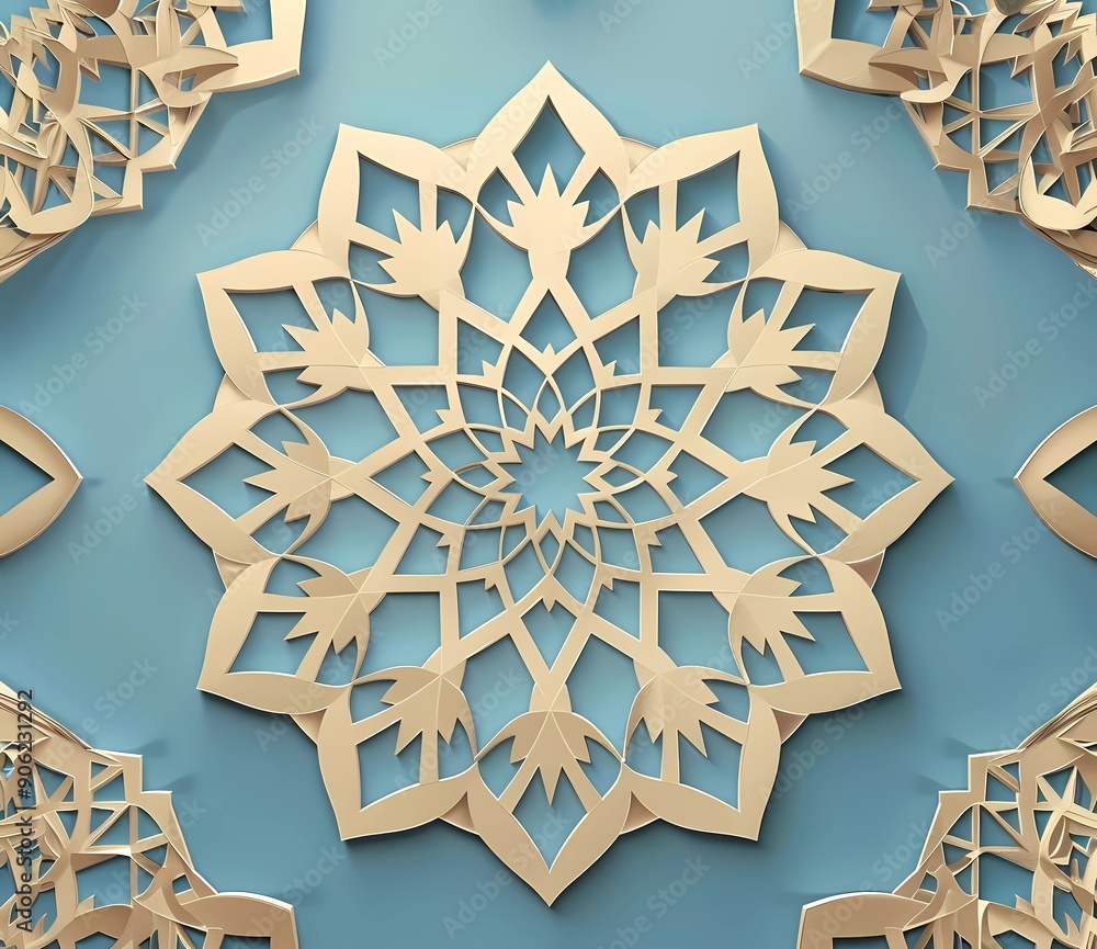 Poster blue and beige background with a symmetrical geometric pattern of stars in the style of a paper cut.