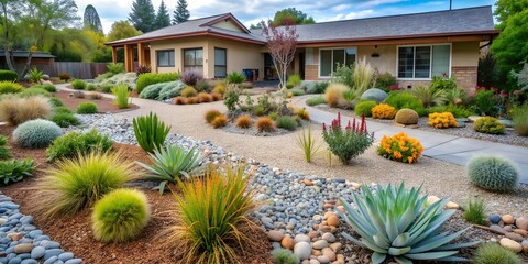 Scenes of a front yard garden with a xeriscape design featuring drought tolerant plants gravel pathways and a water efficient la