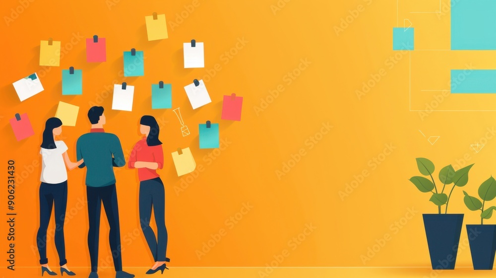 Poster problem-solving workshop, group brainstorming with sticky notes, flat design illustration