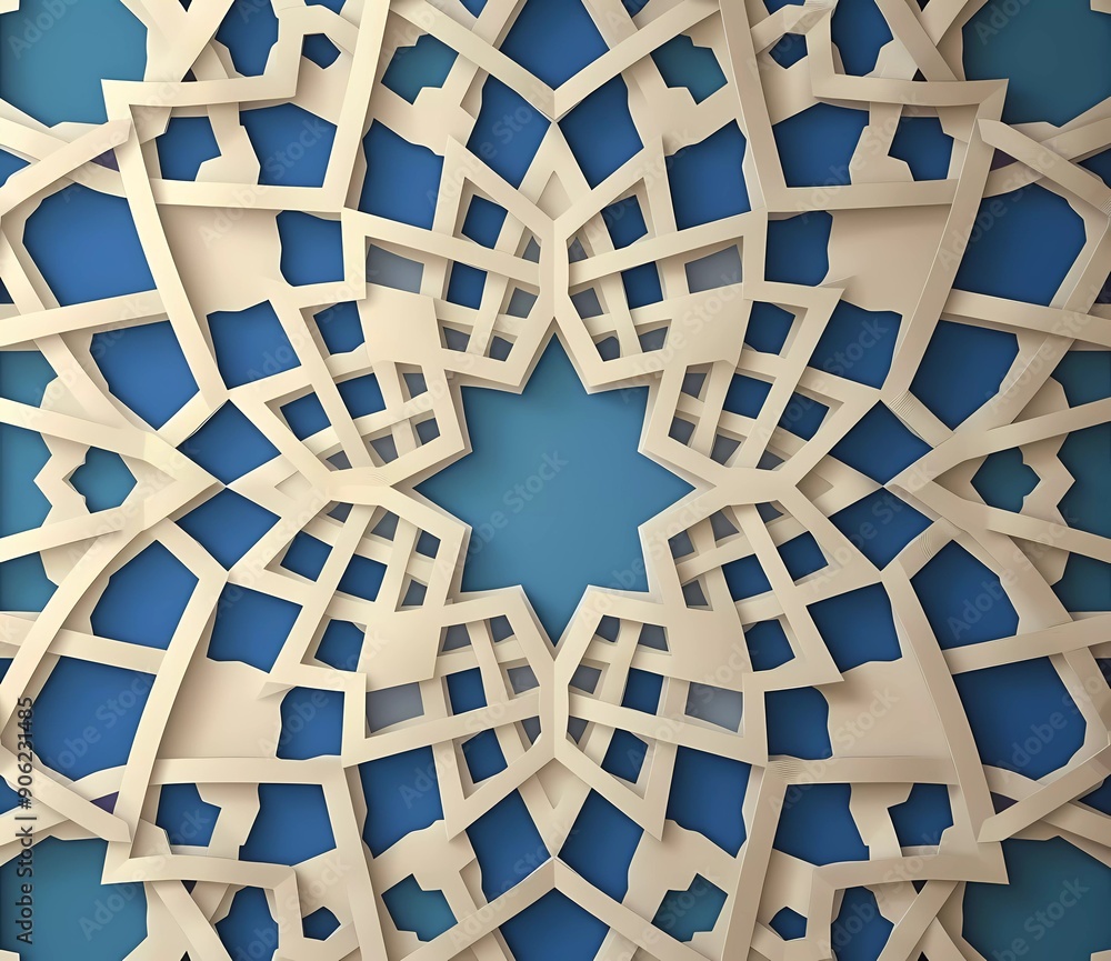 Poster blue and beige background with a symmetrical geometric pattern of stars in the style of a paper cut.