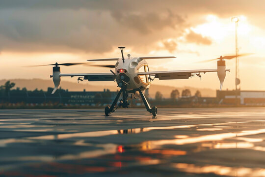 A hybrid drone taking off from a helipad, demonstrating its VTOL capability and flexibility.