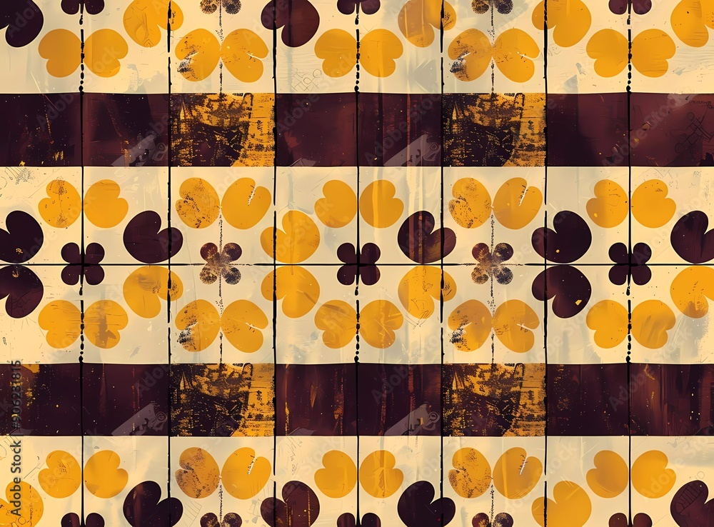 Poster brown and yellow retro pattern with brown clover shapes on top of each other on a film strip in the 