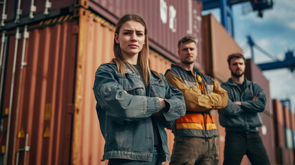 Obraz premium The trustworthy expressions of men and women working at a container loading dock at a port doing export and import business. Generative AI