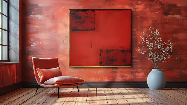 A contemporary living room with a red accent wall and a large abstract painting in a gold frame above a velvet armchair. A vase with white flowers adds a touch of natural elegance to the space.