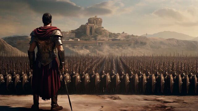 A man stands in front of a large group of soldiers. The soldiers are lined up in rows, and the man is looking at them. The scene is intense and dramatic