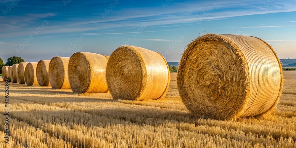 Poster Straw round bales piled in a row at the edge of a field Generative AI