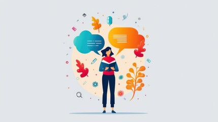 Review, Estimation, Justification, person reviewing documents, estimating values, justifying with speech bubble, flat design illustration