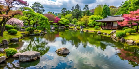Naklejka premium Japanese garden with pond ancient culture spring season outdoors peaceful HD wallpaper AI-Created Content