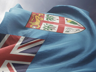 Waving Flag of Fiji in Blue Sky. Fiji Flag on pole for Independence day. The symbol of the state on wavy fabric.