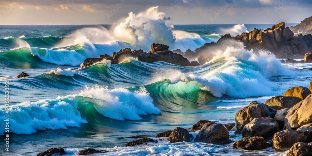 Poster many very small waves that are going to crash against the rocks generative by ai