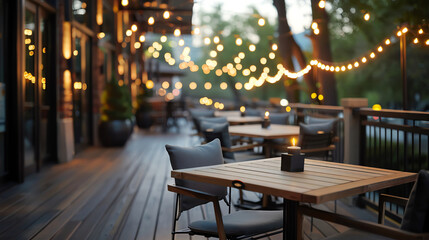 Restaurant patio with twinkling lights and cozy atmosphere.