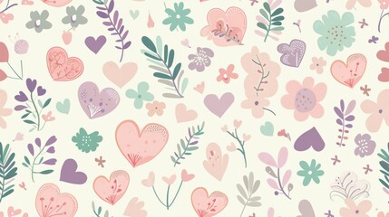 A seamless Mother's Day pattern featuring a harmonious blend of delicate hearts, blooming flowers, and graceful ribbons in soft pastel colors, ideal for festive decorations.